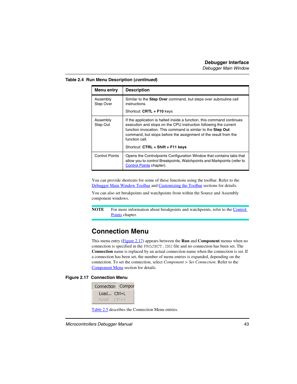 Connection menu | Freescale Semiconductor Microcontrollers User Manual | Page 43 / 892