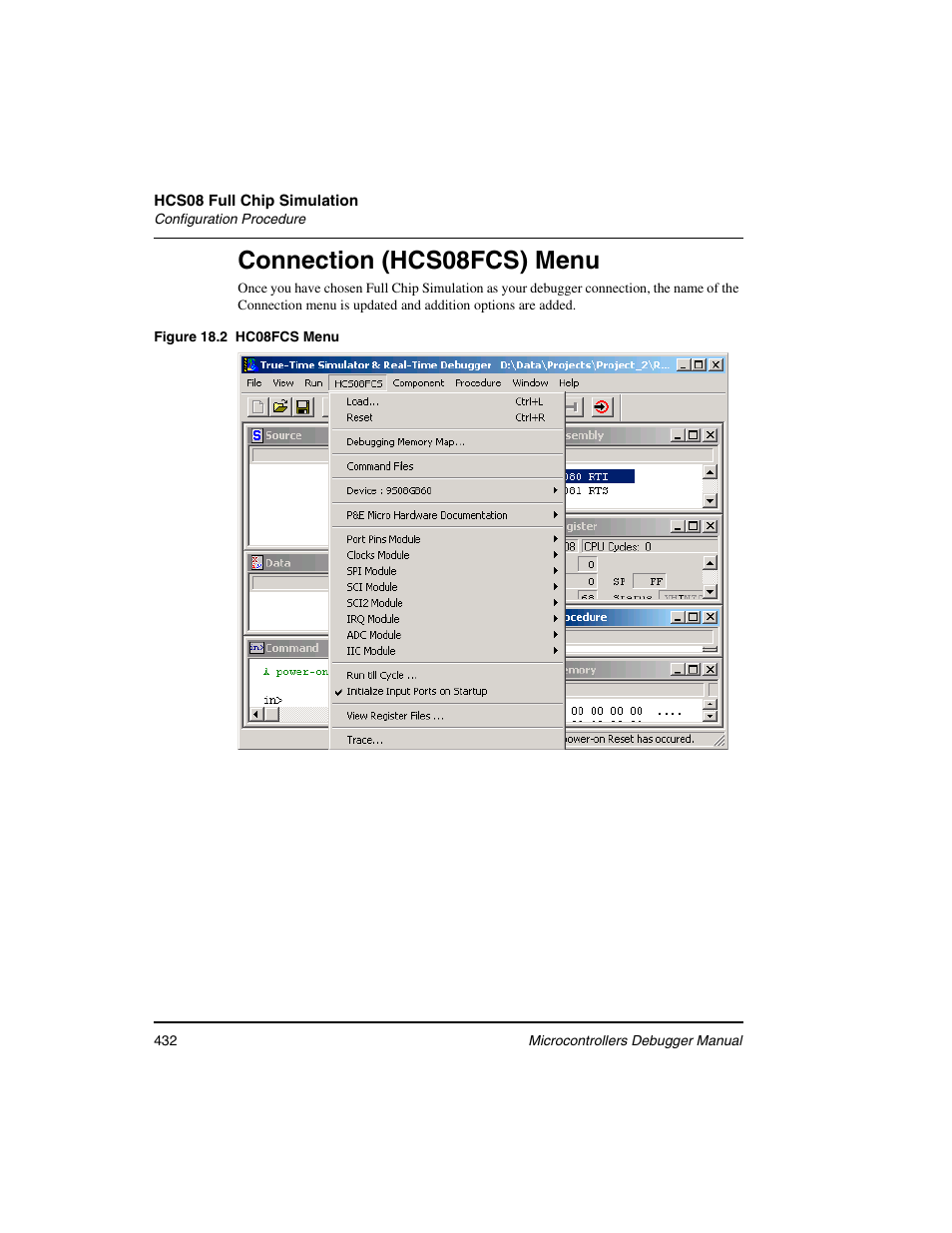 Connection (hcs08fcs) menu | Freescale Semiconductor Microcontrollers User Manual | Page 432 / 892