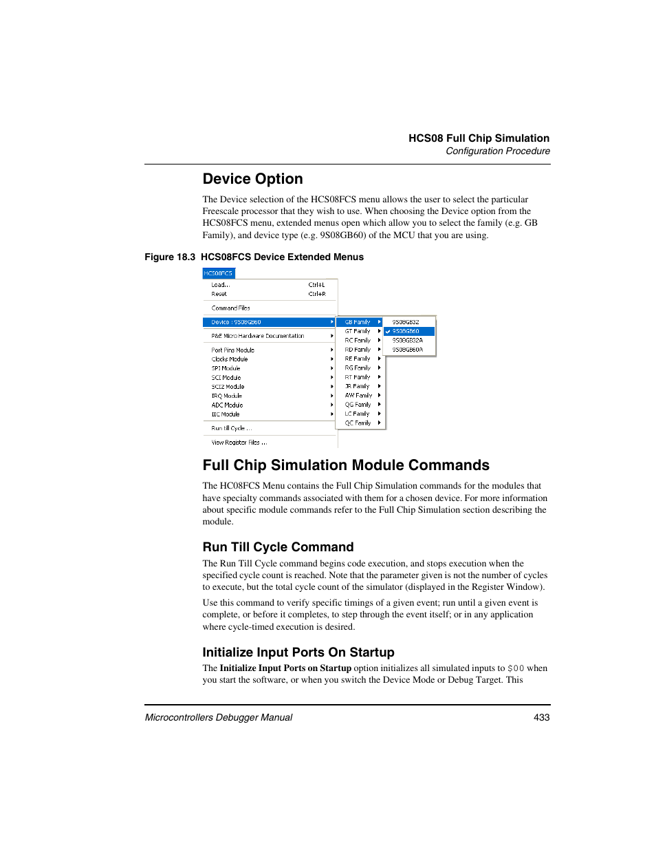 Device option, Full chip simulation module commands | Freescale Semiconductor Microcontrollers User Manual | Page 433 / 892