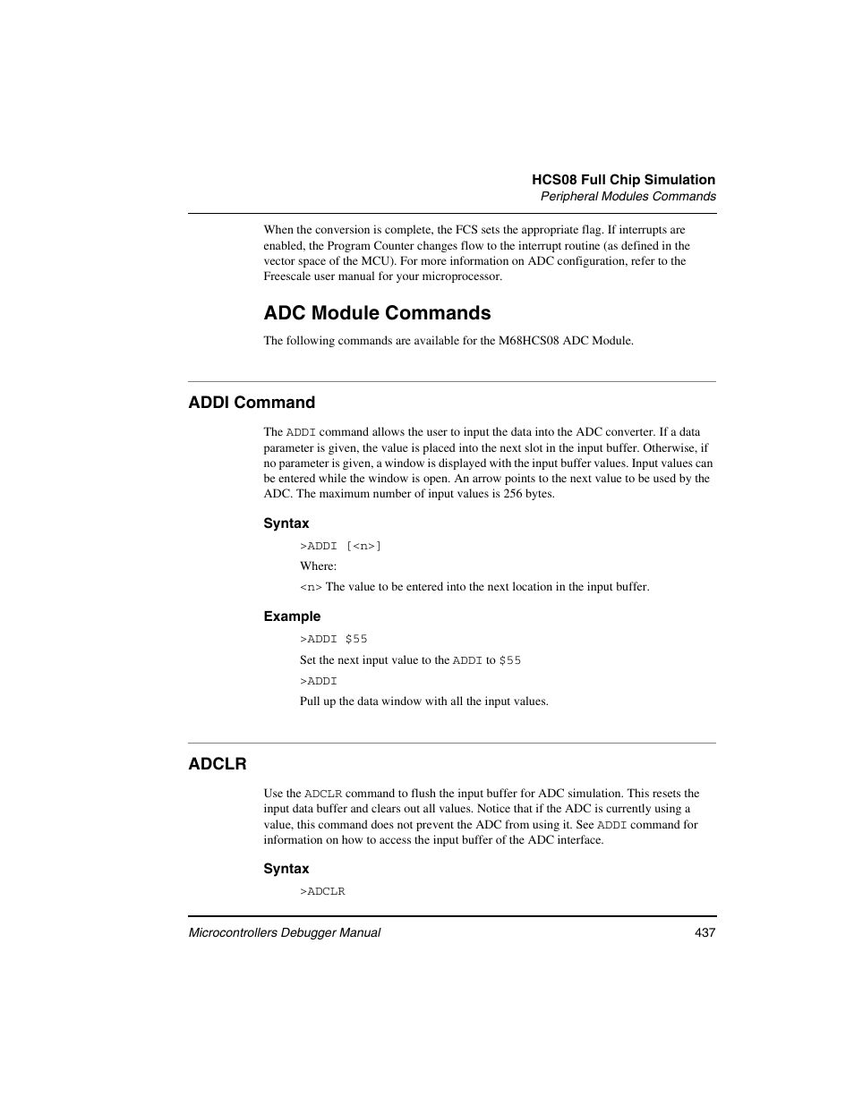 Addi command, Adclr, Adc module commands | Freescale Semiconductor Microcontrollers User Manual | Page 437 / 892