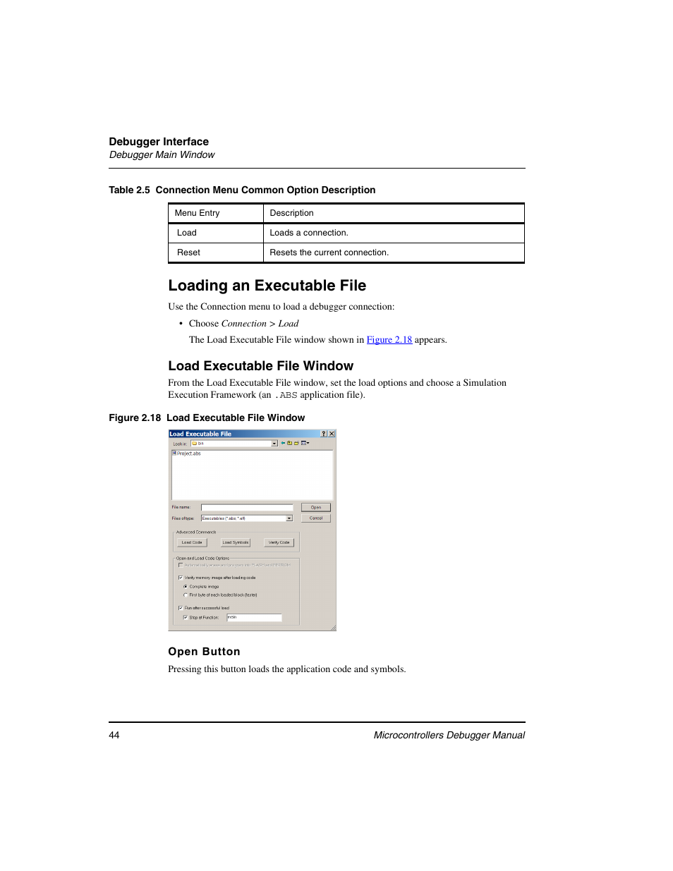 Table 2.5, Loading an executable file, Load executable file window | Freescale Semiconductor Microcontrollers User Manual | Page 44 / 892