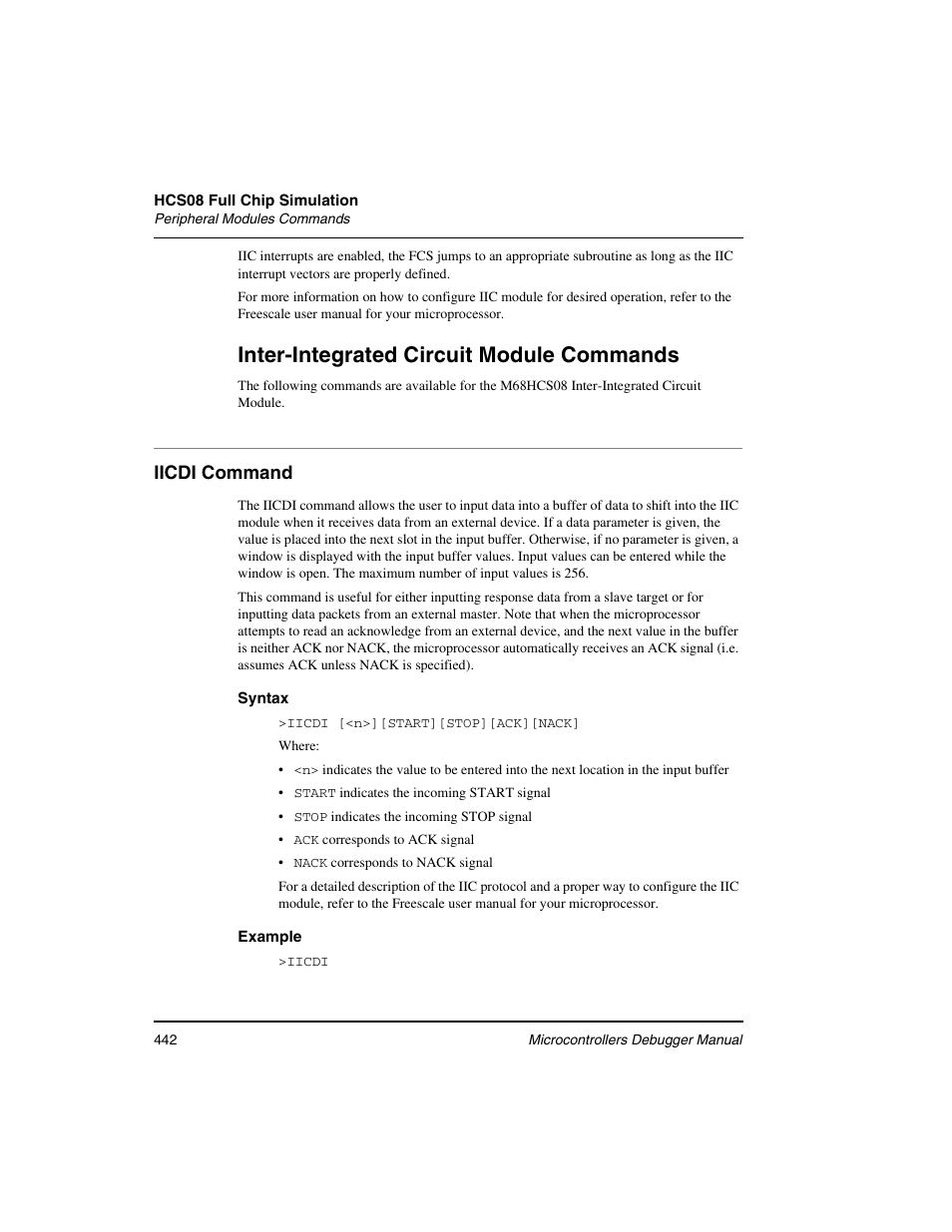 Iicdi command, Inter-integrated circuit module commands | Freescale Semiconductor Microcontrollers User Manual | Page 442 / 892