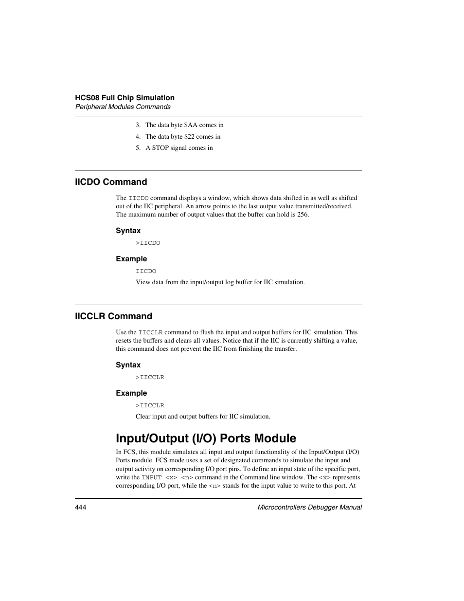 Iicdo command, Iicclr command, Input/output (i/o) ports module | Freescale Semiconductor Microcontrollers User Manual | Page 444 / 892