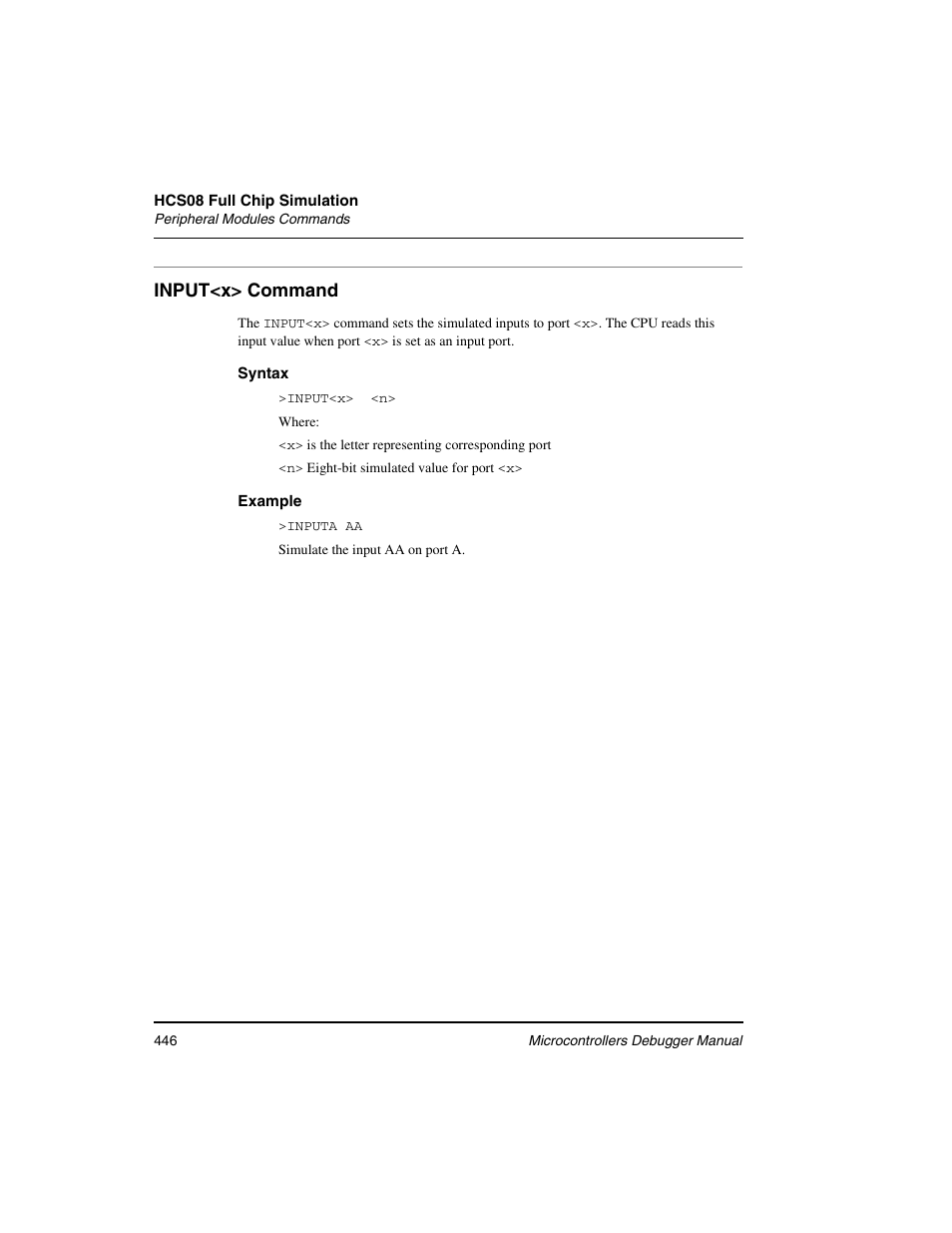 Input<x> command, Input/output ports user commands | Freescale Semiconductor Microcontrollers User Manual | Page 446 / 892