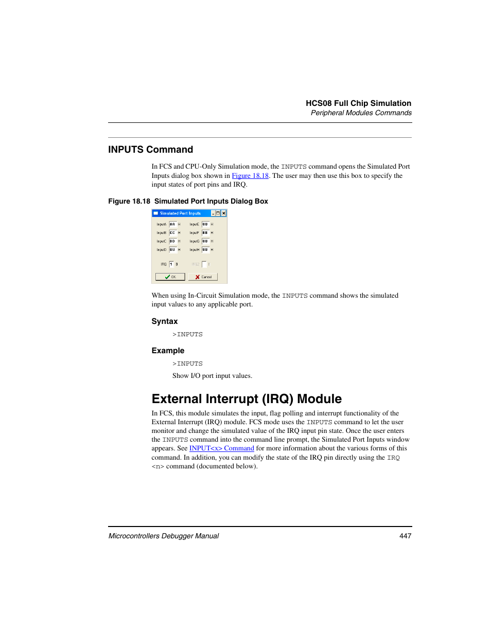 Inputs command, External interrupt (irq) module, Input/output ports user | Commands | Freescale Semiconductor Microcontrollers User Manual | Page 447 / 892