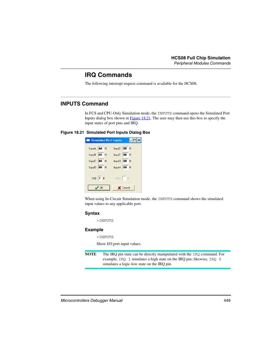 Inputs command, Irq commands | Freescale Semiconductor Microcontrollers User Manual | Page 449 / 892