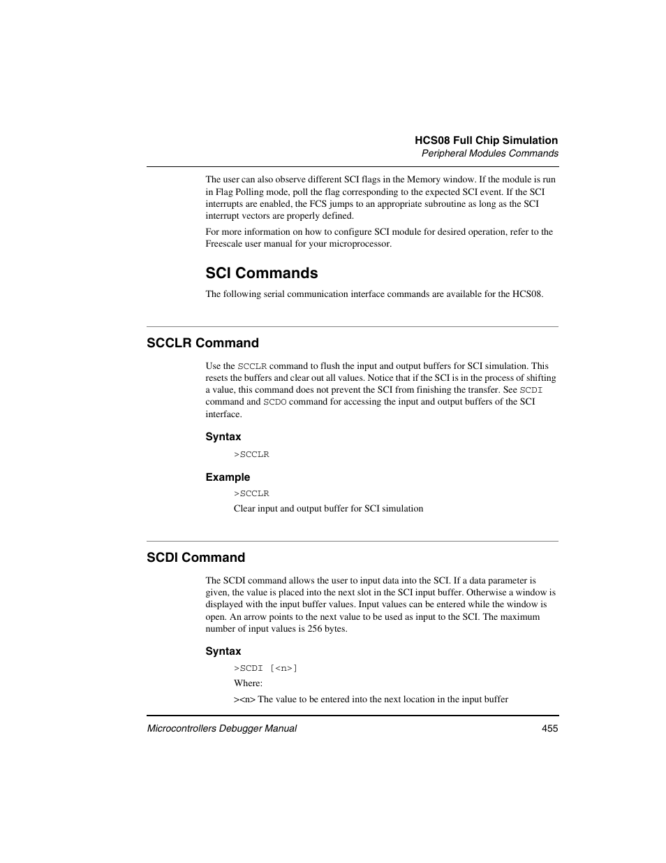 Scclr command, Scdi command, Sci commands | Freescale Semiconductor Microcontrollers User Manual | Page 455 / 892