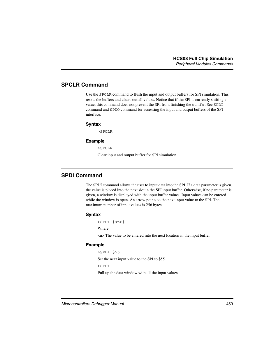 Spclr command, Spdi command | Freescale Semiconductor Microcontrollers User Manual | Page 459 / 892