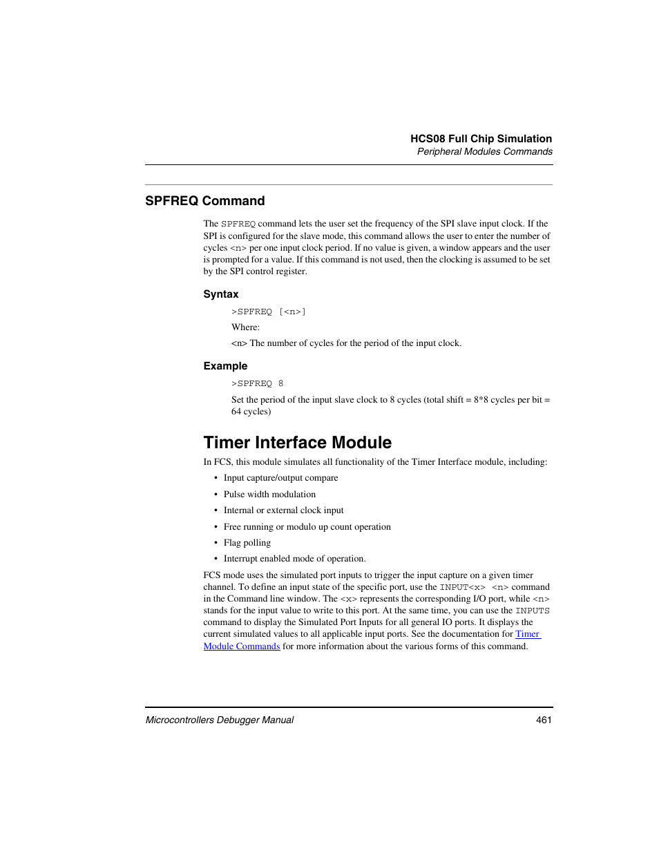 Spfreq command, Timer interface module | Freescale Semiconductor Microcontrollers User Manual | Page 461 / 892