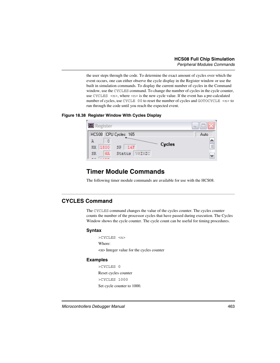 Cycles command, Timer, Module commands | Timer module commands | Freescale Semiconductor Microcontrollers User Manual | Page 463 / 892