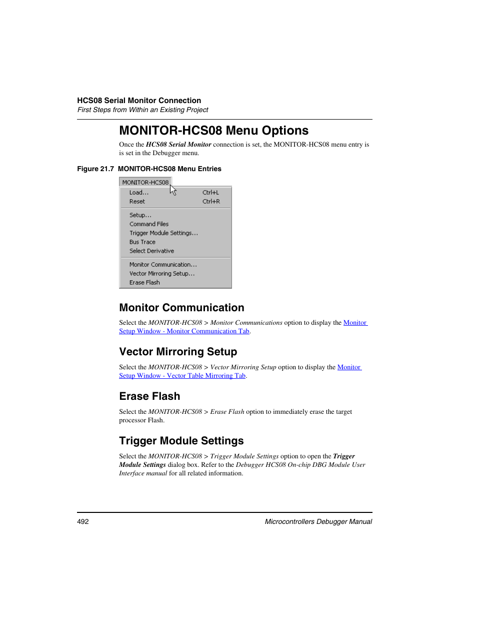 Monitor-hcs08 menu options, Monitor communication, Vector mirroring setup | Erase flash, Trigger module settings | Freescale Semiconductor Microcontrollers User Manual | Page 492 / 892