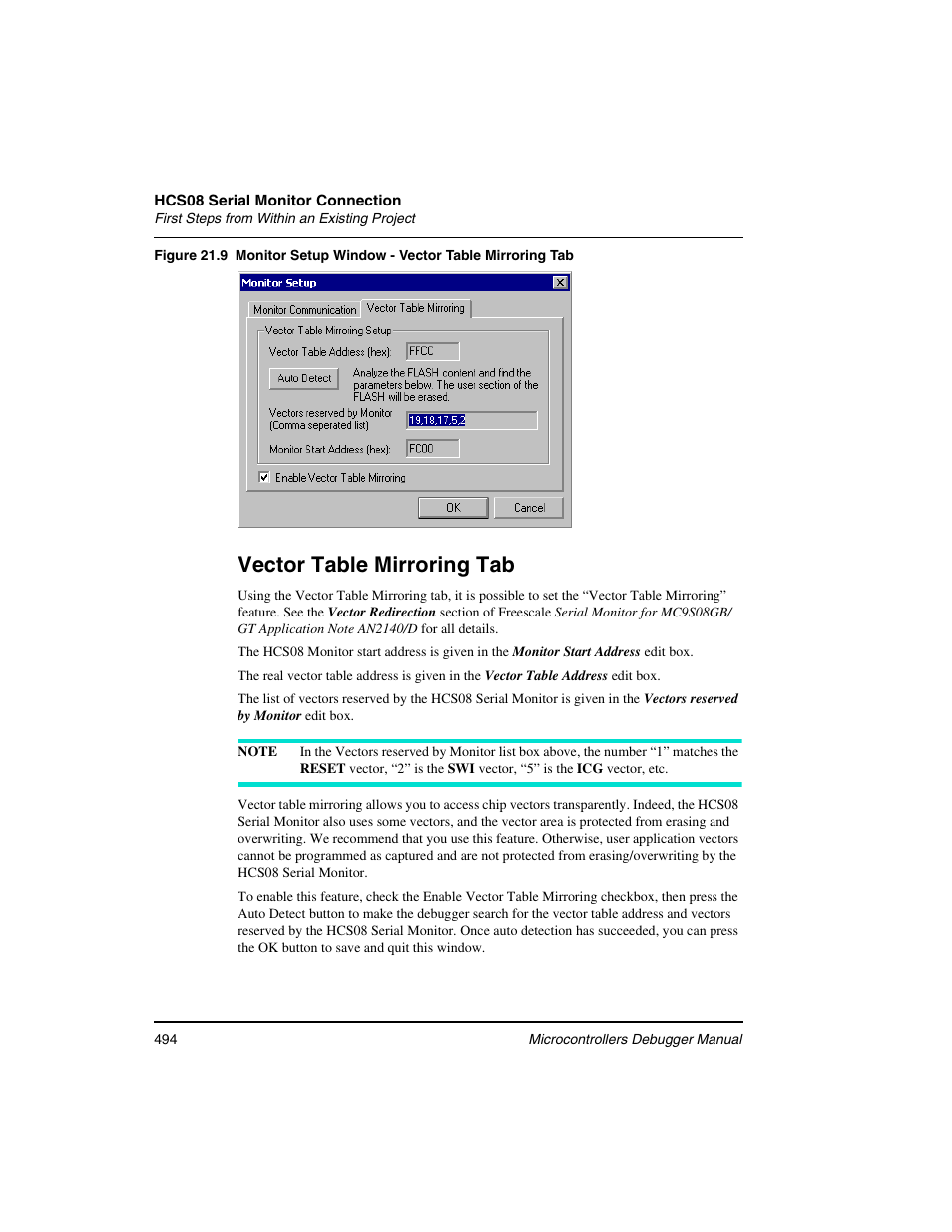 Monitor, Setup window - vector table mirroring tab, Monitor setup window - vector table mirroring tab | Vector table mirroring tab | Freescale Semiconductor Microcontrollers User Manual | Page 494 / 892