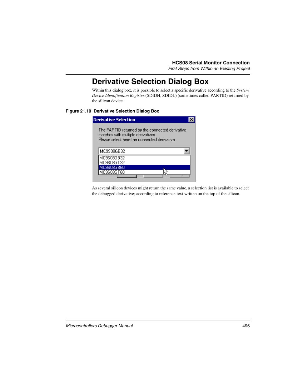 Derivative selection dialog box, Derivative selection, Dialog box | Freescale Semiconductor Microcontrollers User Manual | Page 495 / 892