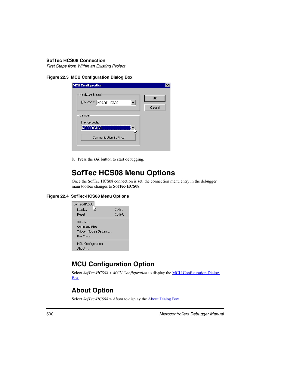 Softec hcs08 menu options, Mcu configuration option, About option | Freescale Semiconductor Microcontrollers User Manual | Page 500 / 892