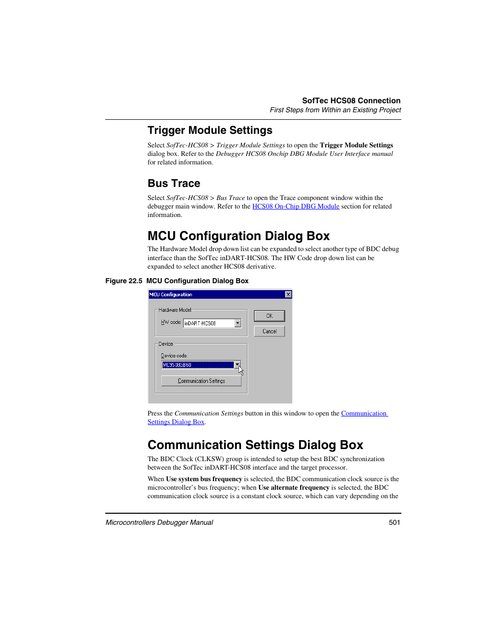 Mcu configuration dialog box, Communication settings dialog box, Mcu configuration dialog | Trigger module settings, Bus trace | Freescale Semiconductor Microcontrollers User Manual | Page 501 / 892
