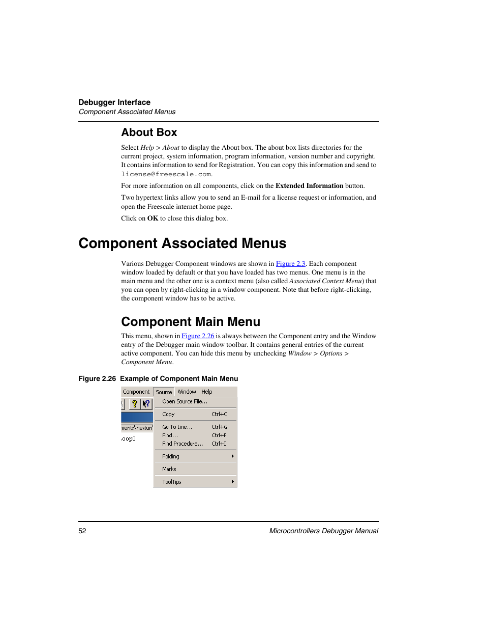 Component associated menus, Component main menu, About box | Freescale Semiconductor Microcontrollers User Manual | Page 52 / 892