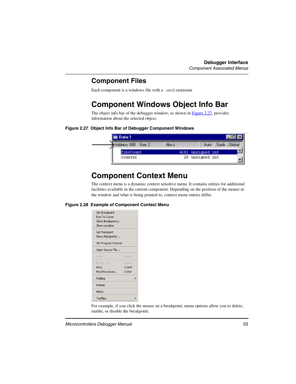 Component windows object info bar, Component context menu, Component windows object | Info bar, Component files | Freescale Semiconductor Microcontrollers User Manual | Page 53 / 892