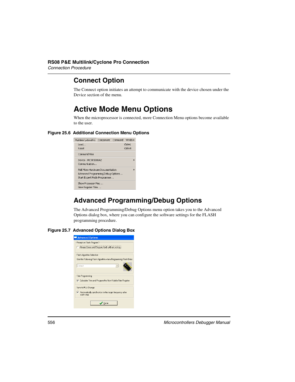 Active mode menu options, Connect option, Advanced programming/debug options | Freescale Semiconductor Microcontrollers User Manual | Page 556 / 892