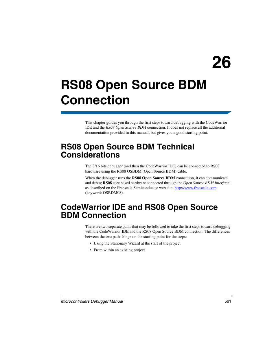 Rs08 open source bdm connection, Rs08 open source bdm technical considerations, 26 rs08 open source bdm connection | Freescale Semiconductor Microcontrollers User Manual | Page 561 / 892