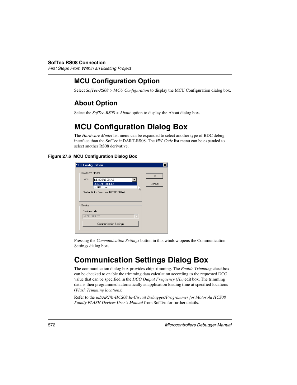 Mcu configuration dialog box, Communication settings dialog box, Mcu configuration option | About option | Freescale Semiconductor Microcontrollers User Manual | Page 572 / 892