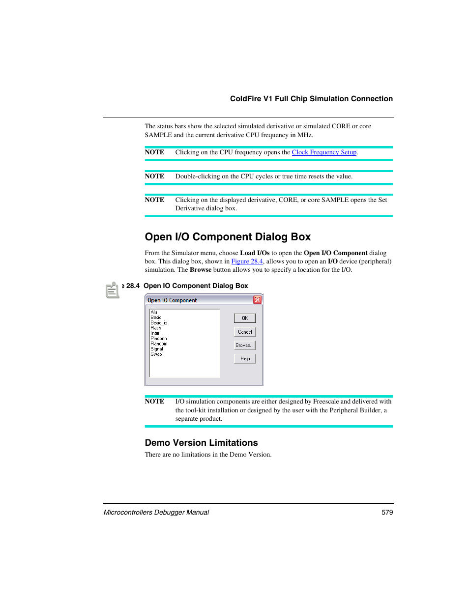 Open i/o component dialog box, Demo version limitations | Freescale Semiconductor Microcontrollers User Manual | Page 579 / 892