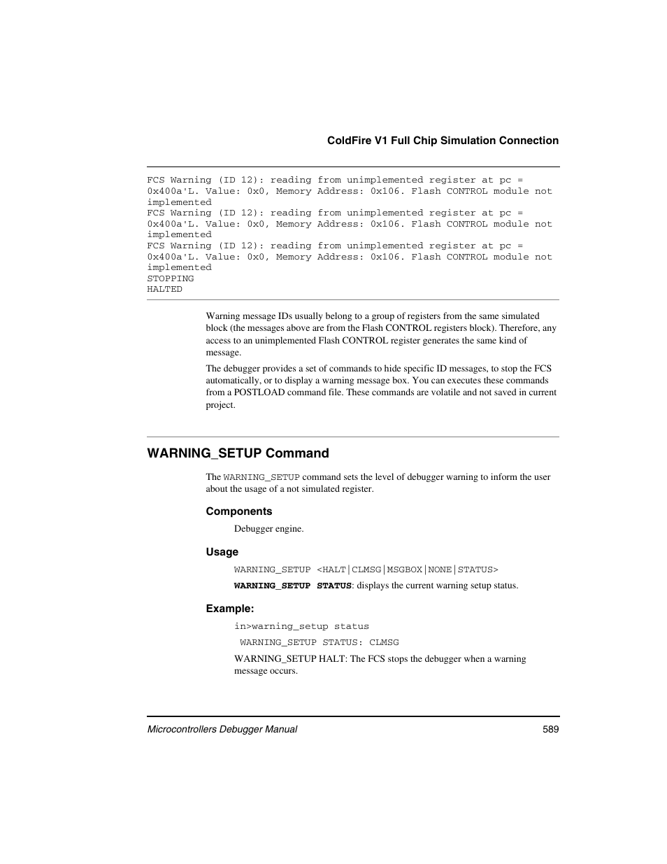 Warning_setup command | Freescale Semiconductor Microcontrollers User Manual | Page 589 / 892