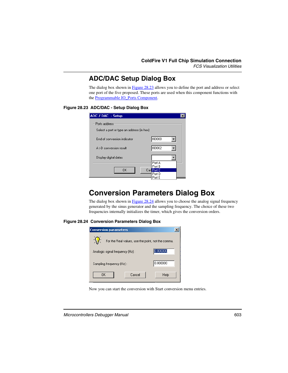 Conversion parameters dialog box, Adc/dac setup dialog box | Freescale Semiconductor Microcontrollers User Manual | Page 603 / 892
