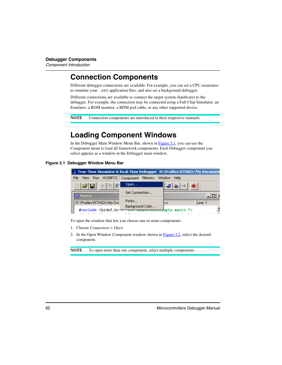 Connection components, Loading component windows | Freescale Semiconductor Microcontrollers User Manual | Page 62 / 892