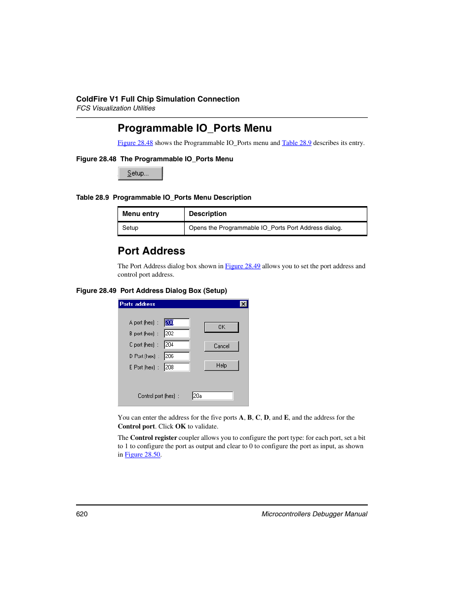 Programmable io_ports menu, Port address | Freescale Semiconductor Microcontrollers User Manual | Page 620 / 892
