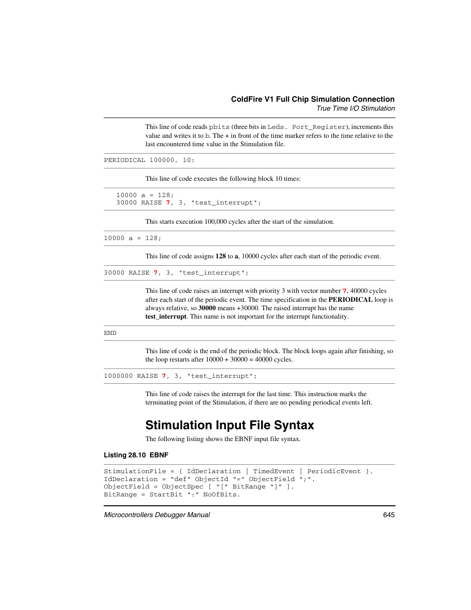 Stimulation input file syntax | Freescale Semiconductor Microcontrollers User Manual | Page 645 / 892