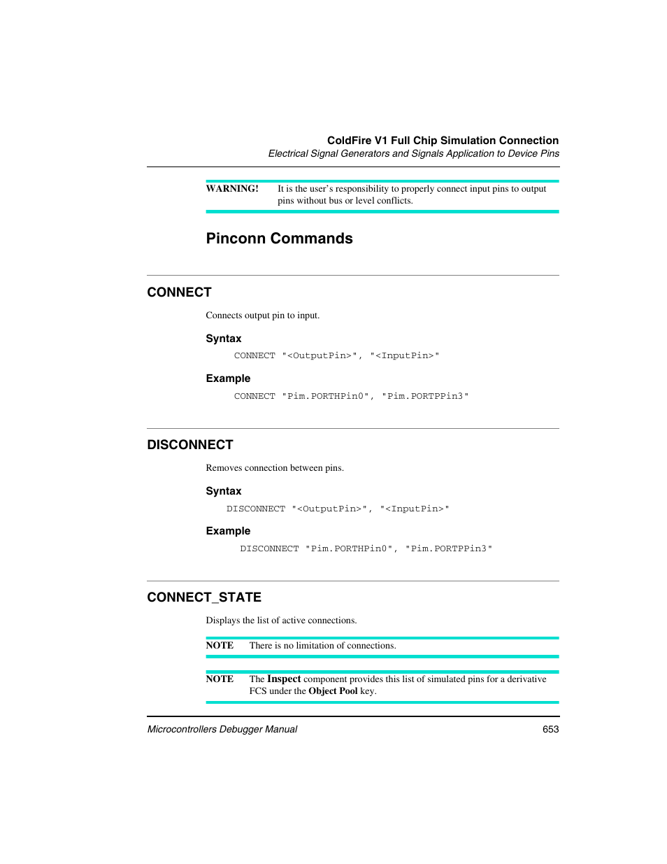 Connect, Disconnect, Connect_state | Pinconn commands | Freescale Semiconductor Microcontrollers User Manual | Page 653 / 892