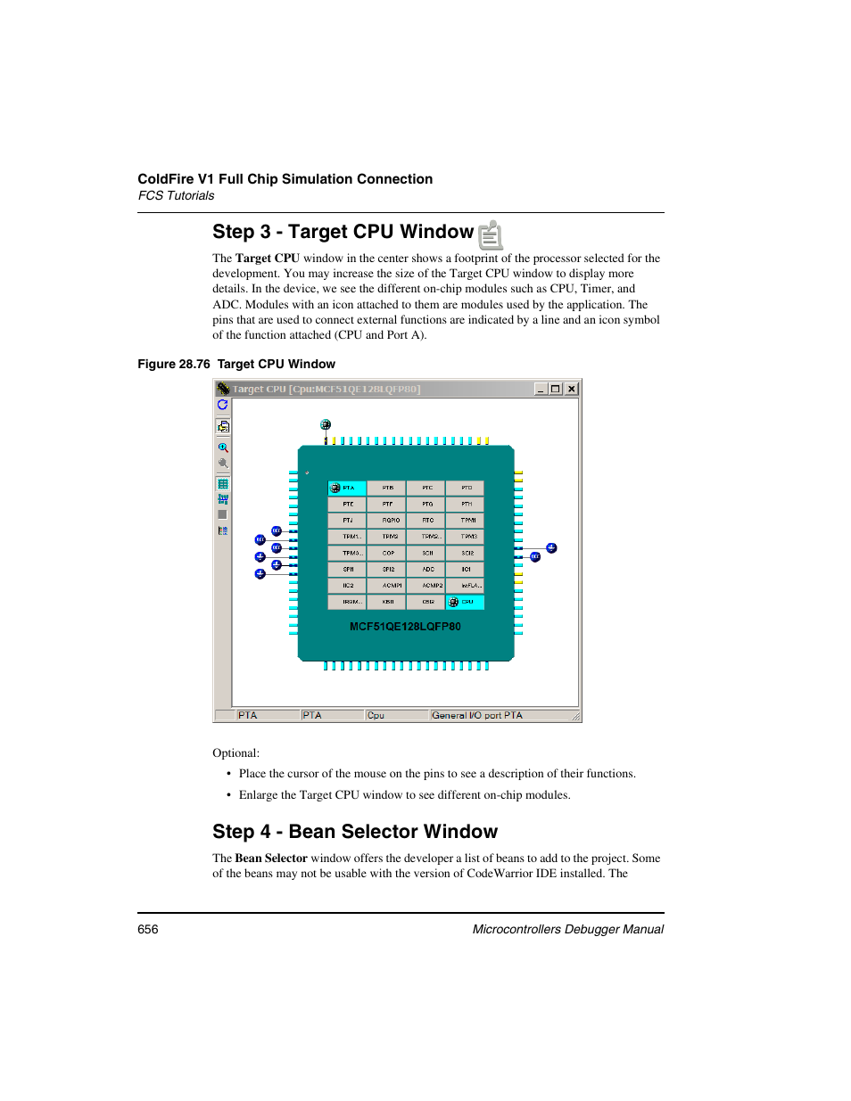 Step 3 - target cpu window, Step 4 - bean selector window | Freescale Semiconductor Microcontrollers User Manual | Page 656 / 892