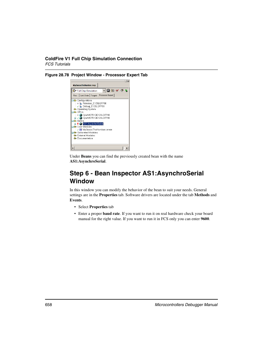 Step 6 - bean inspector as1:asynchroserial window | Freescale Semiconductor Microcontrollers User Manual | Page 658 / 892