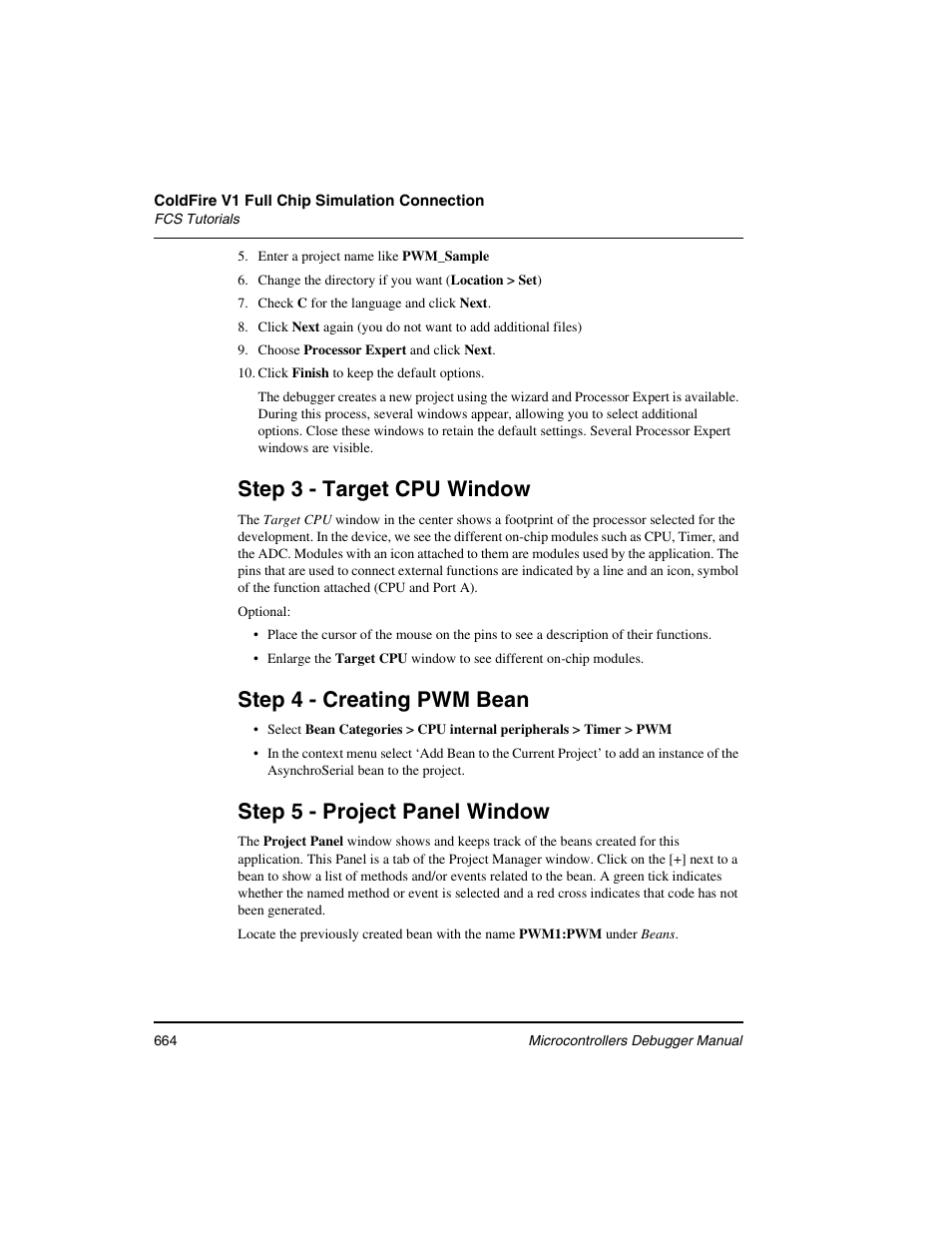 Step 3 - target cpu window, Step 4 - creating pwm bean, Step 5 - project panel window | Freescale Semiconductor Microcontrollers User Manual | Page 664 / 892