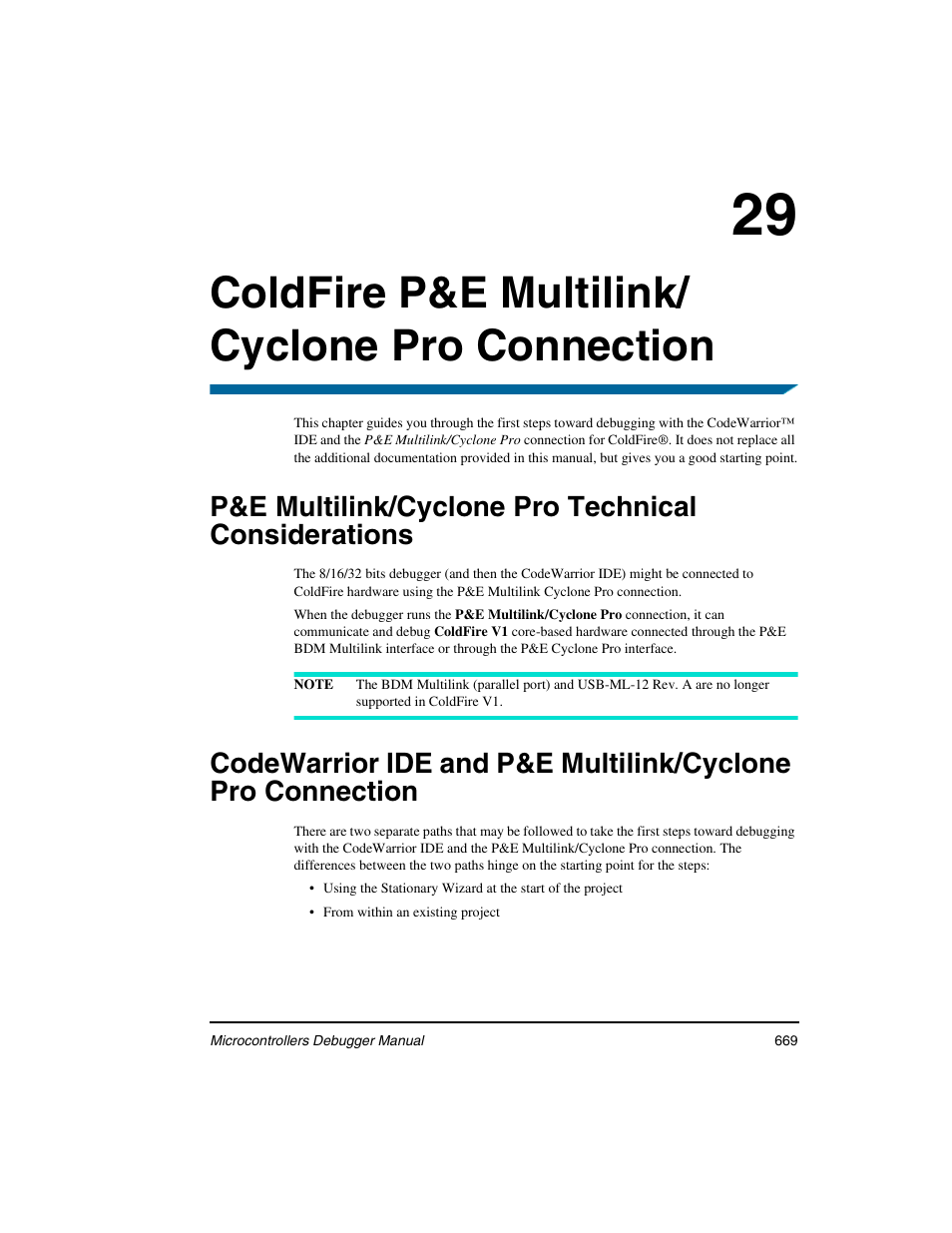 Coldfire p&e multilink/ cyclone pro connection, P&e multilink/cyclone pro technical considerations, 29 coldfire p&e multilink/cyclone pro connection | Coldfire p&e multilink/cyclone pro connection | Freescale Semiconductor Microcontrollers User Manual | Page 669 / 892