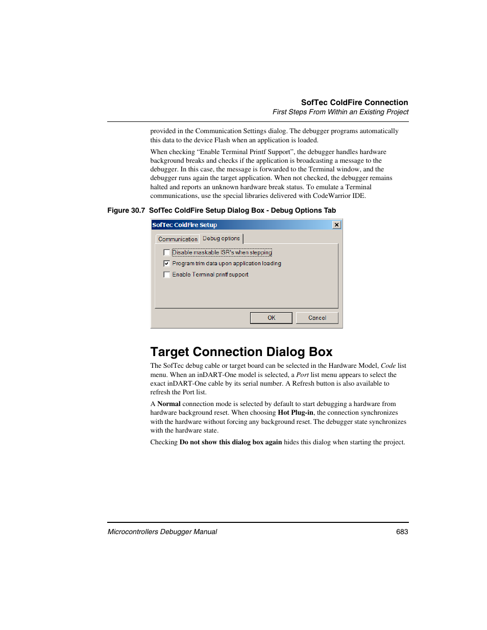 Target connection dialog box | Freescale Semiconductor Microcontrollers User Manual | Page 683 / 892