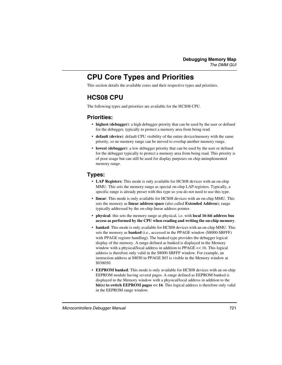 Cpu core types and priorities, Hcs08 cpu | Freescale Semiconductor Microcontrollers User Manual | Page 721 / 892
