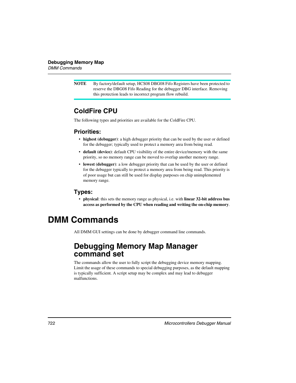 Dmm commands, Debugging memory map manager command set, Coldfire cpu | Freescale Semiconductor Microcontrollers User Manual | Page 722 / 892