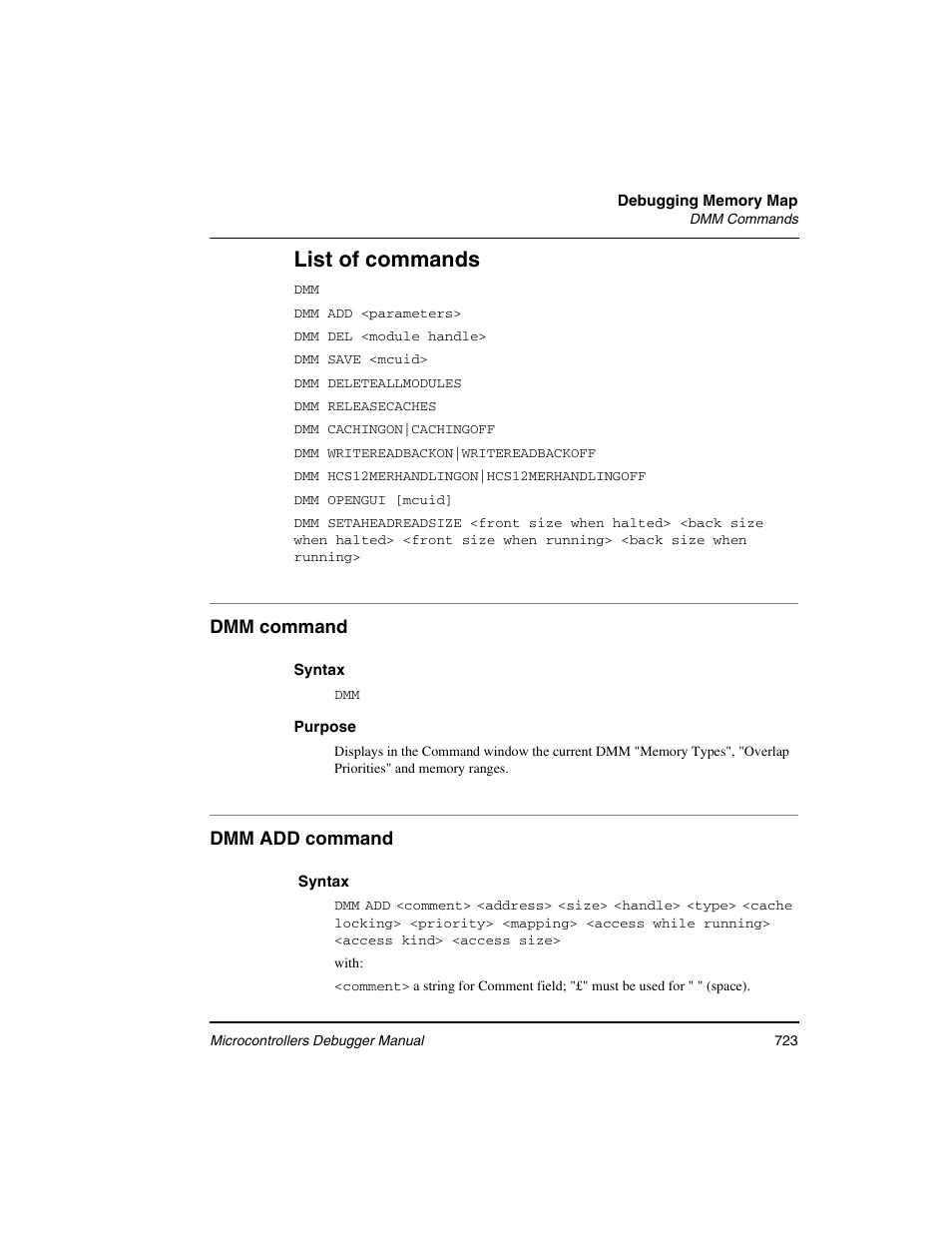 Dmm command, Dmm add command, List of commands | Freescale Semiconductor Microcontrollers User Manual | Page 723 / 892