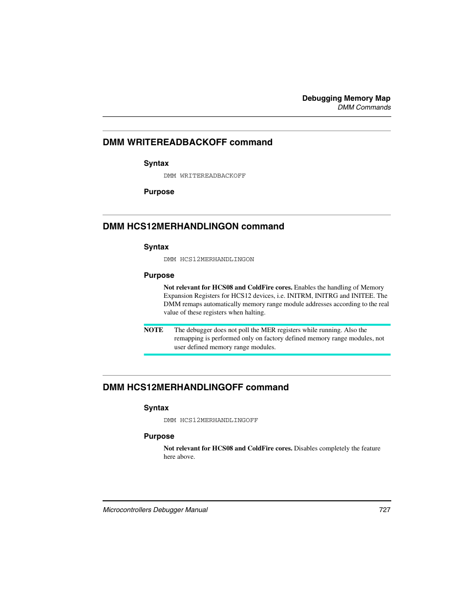 Dmm writereadbackoff command, Dmm hcs12merhandlingon command, Dmm hcs12merhandlingoff command | Freescale Semiconductor Microcontrollers User Manual | Page 727 / 892