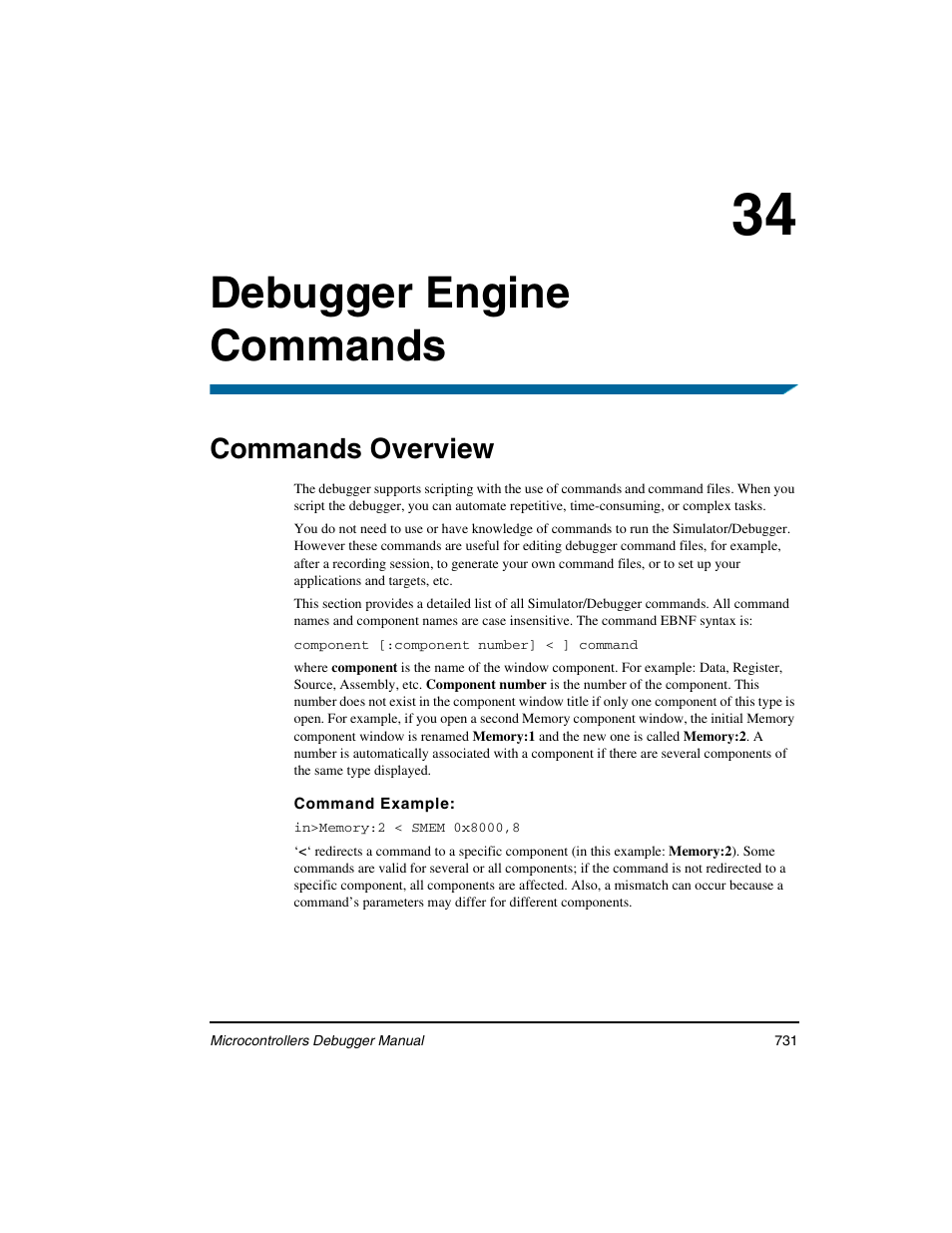 Debugger engine commands, Commands overview, 34 debugger engine commands | Freescale Semiconductor Microcontrollers User Manual | Page 731 / 892