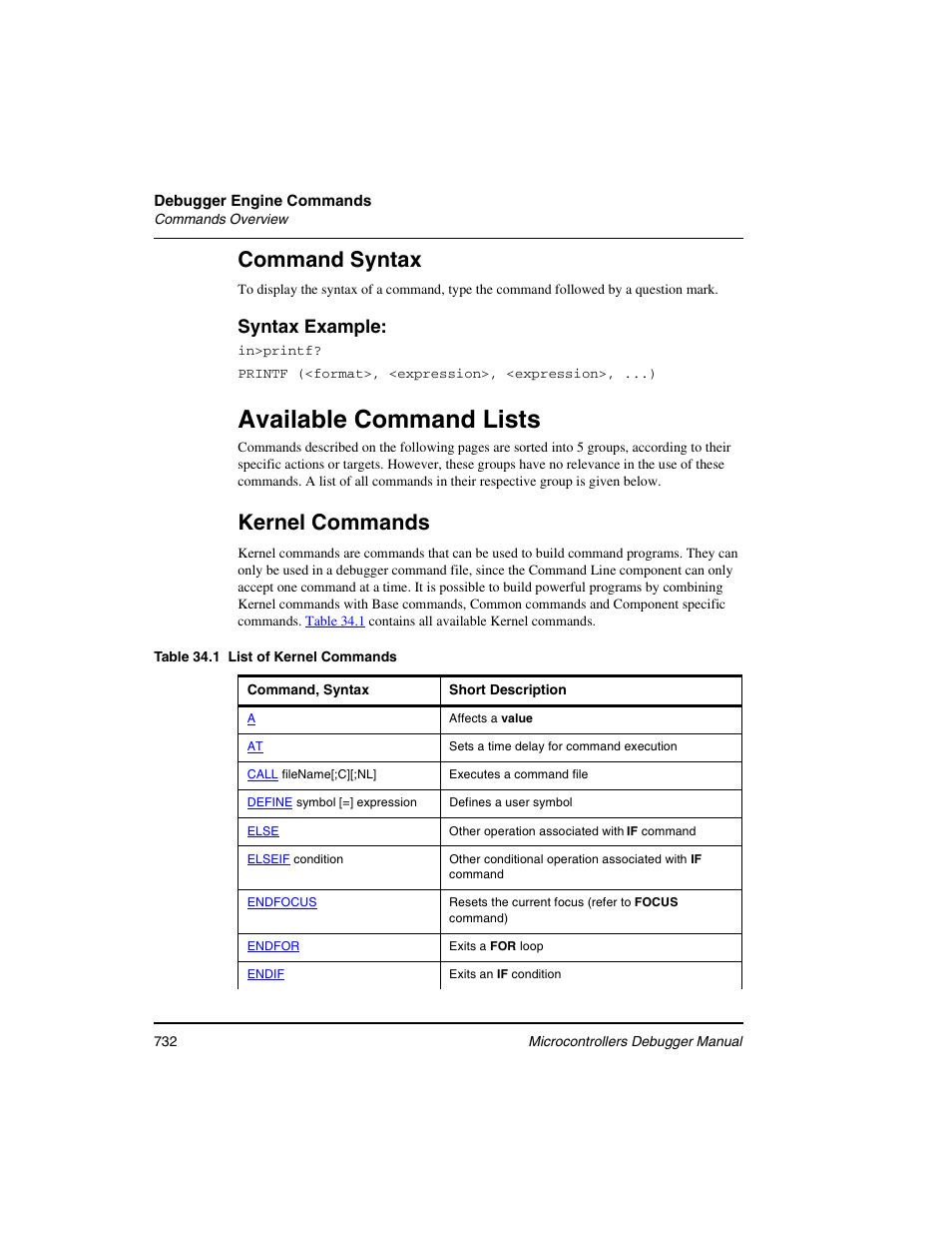 Available command lists, Command syntax, Kernel commands | Syntax example | Freescale Semiconductor Microcontrollers User Manual | Page 732 / 892