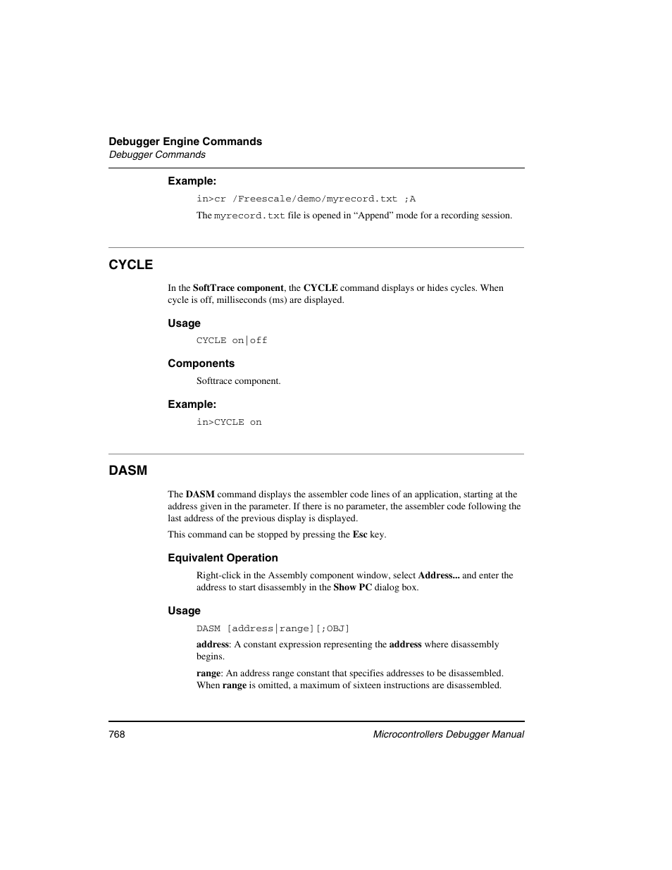 Cycle, Dasm | Freescale Semiconductor Microcontrollers User Manual | Page 768 / 892