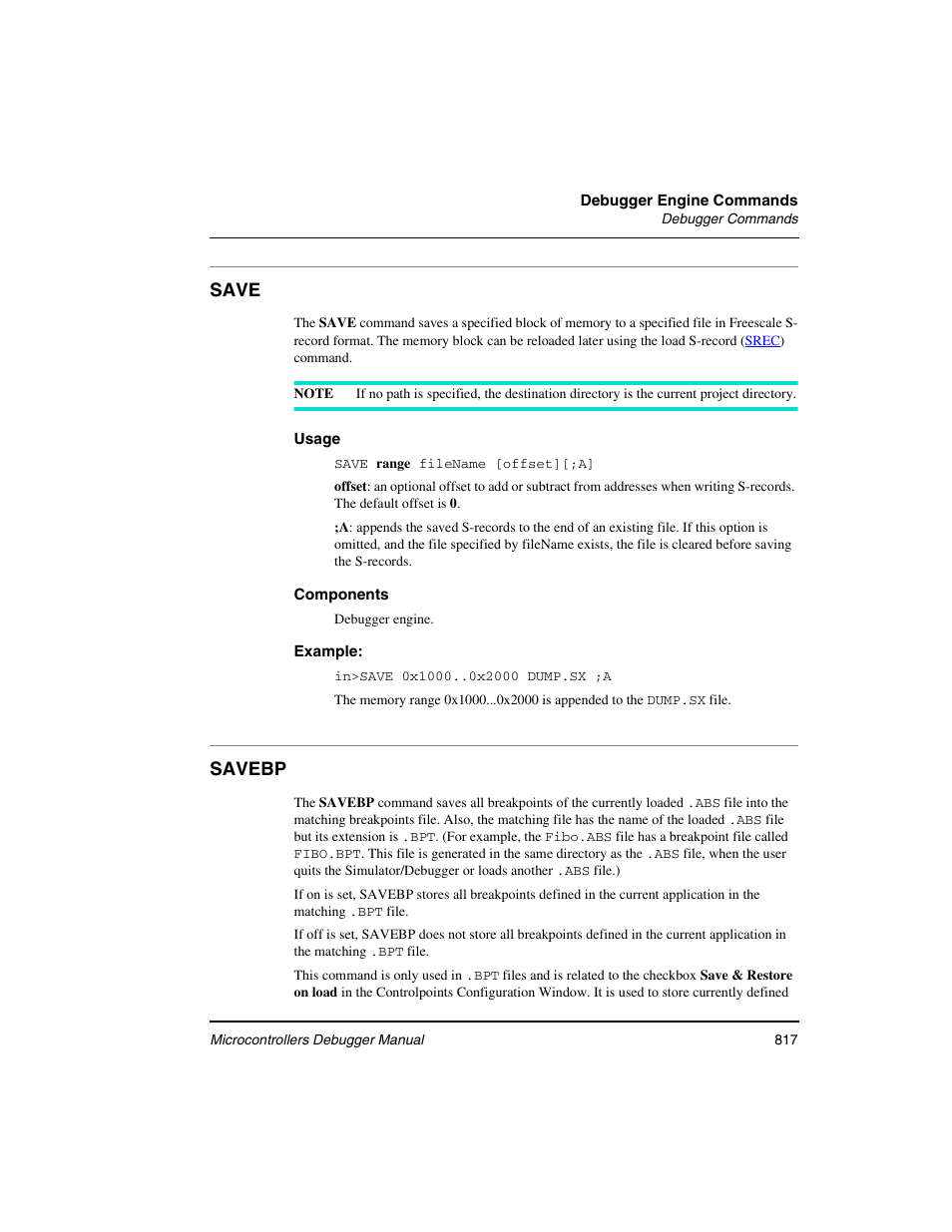 Save, Savebp | Freescale Semiconductor Microcontrollers User Manual | Page 817 / 892