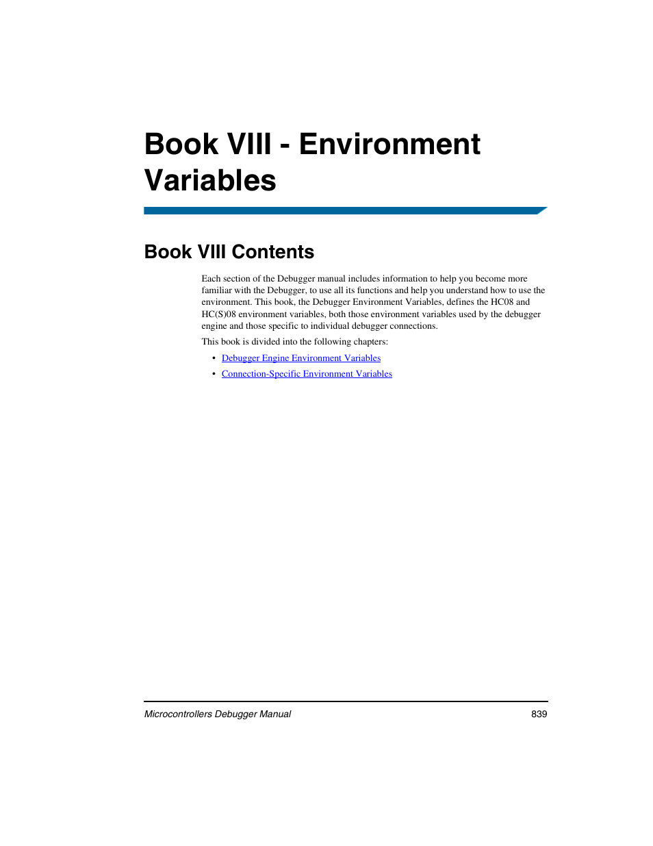 Book viii - environment variables, Book viii contents | Freescale Semiconductor Microcontrollers User Manual | Page 839 / 892