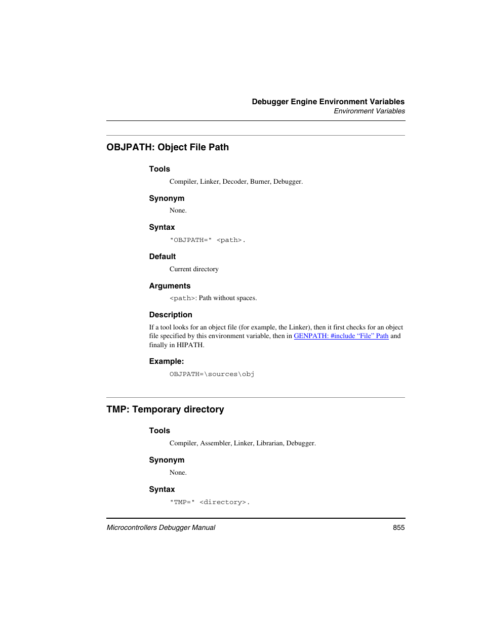 Objpath: object file path, Tmp: temporary directory | Freescale Semiconductor Microcontrollers User Manual | Page 855 / 892