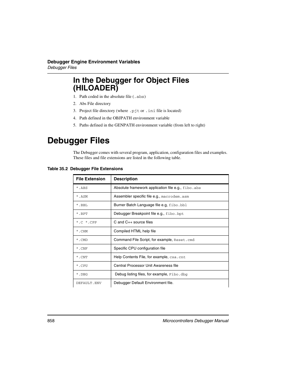 In the debugger for object files (hiloader), Debugger files | Freescale Semiconductor Microcontrollers User Manual | Page 858 / 892