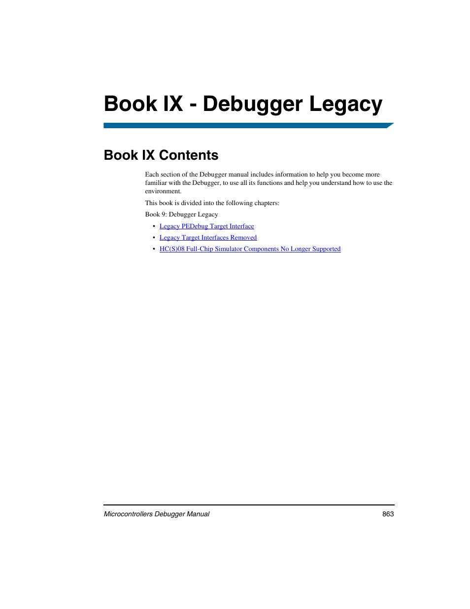 Book ix - debugger legacy, Book ix contents | Freescale Semiconductor Microcontrollers User Manual | Page 863 / 892