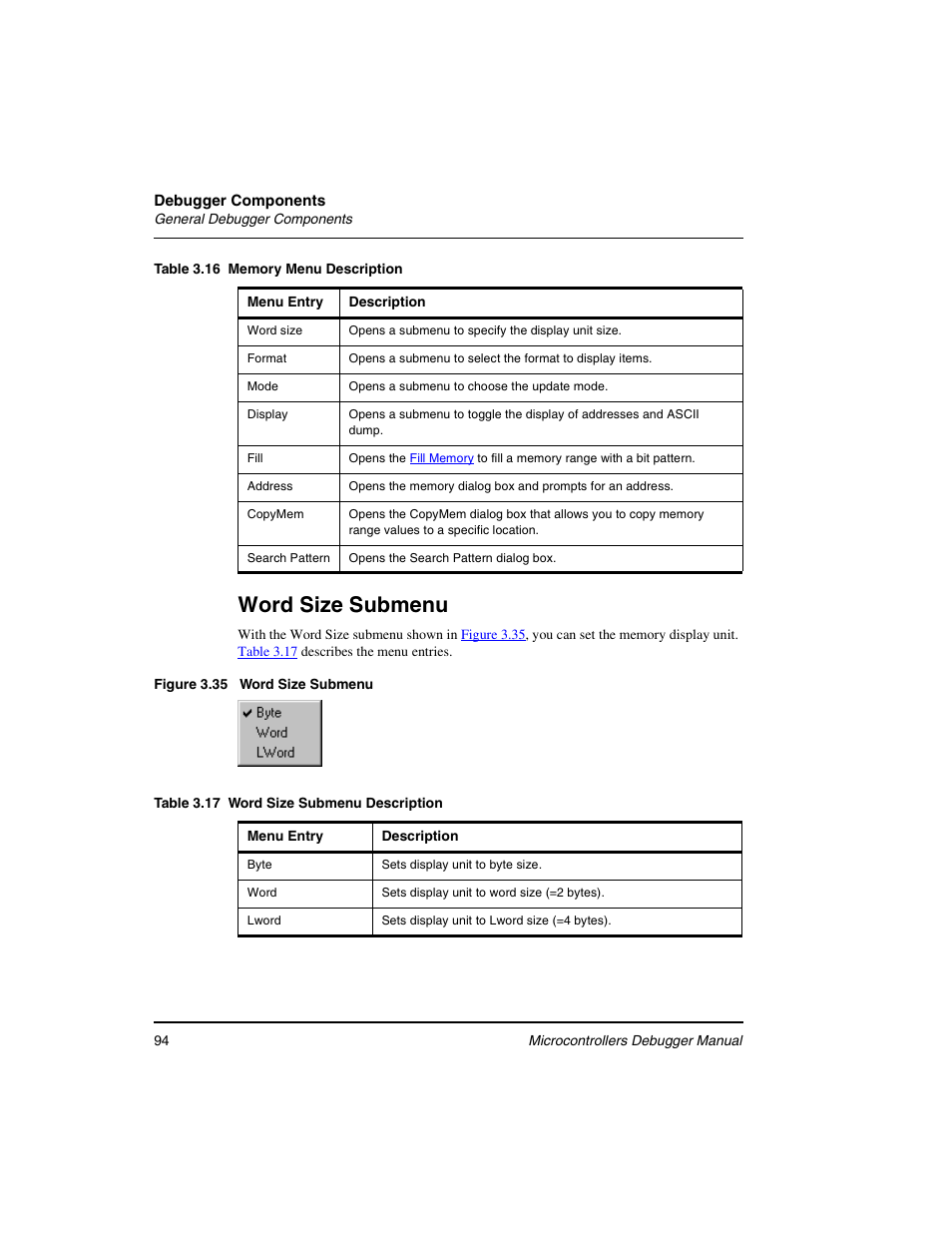 Table, Word size submenu | Freescale Semiconductor Microcontrollers User Manual | Page 94 / 892