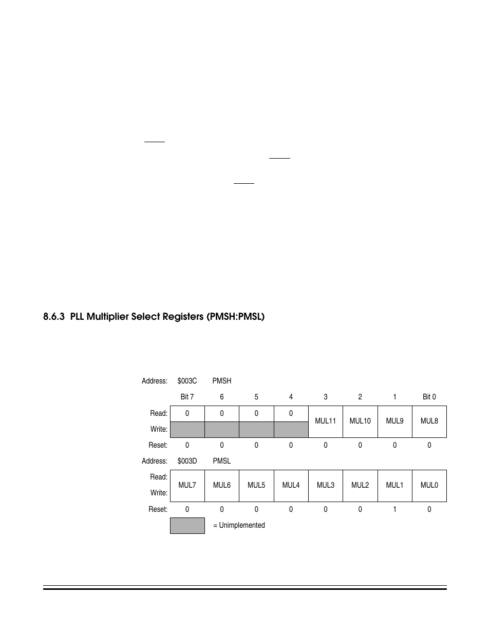 3 pll multiplier select registers (pmsh:pmsl), Pll multiplier select registers (pmsh:pmsl), 3 pll | Multiplier select registers (pmsh:pmsl) | Freescale Semiconductor MC68HC08KH12 User Manual | Page 105 / 262